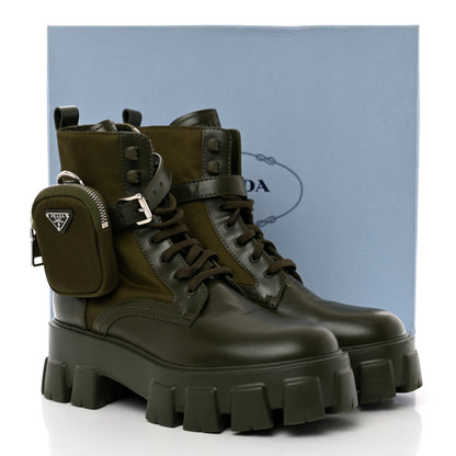 Prada Spazzolato Rois Re-Nylon Metal Triangle Logo Monolith Pouch Pocket 55mm Boots 38.5 Militare 15 of 15
