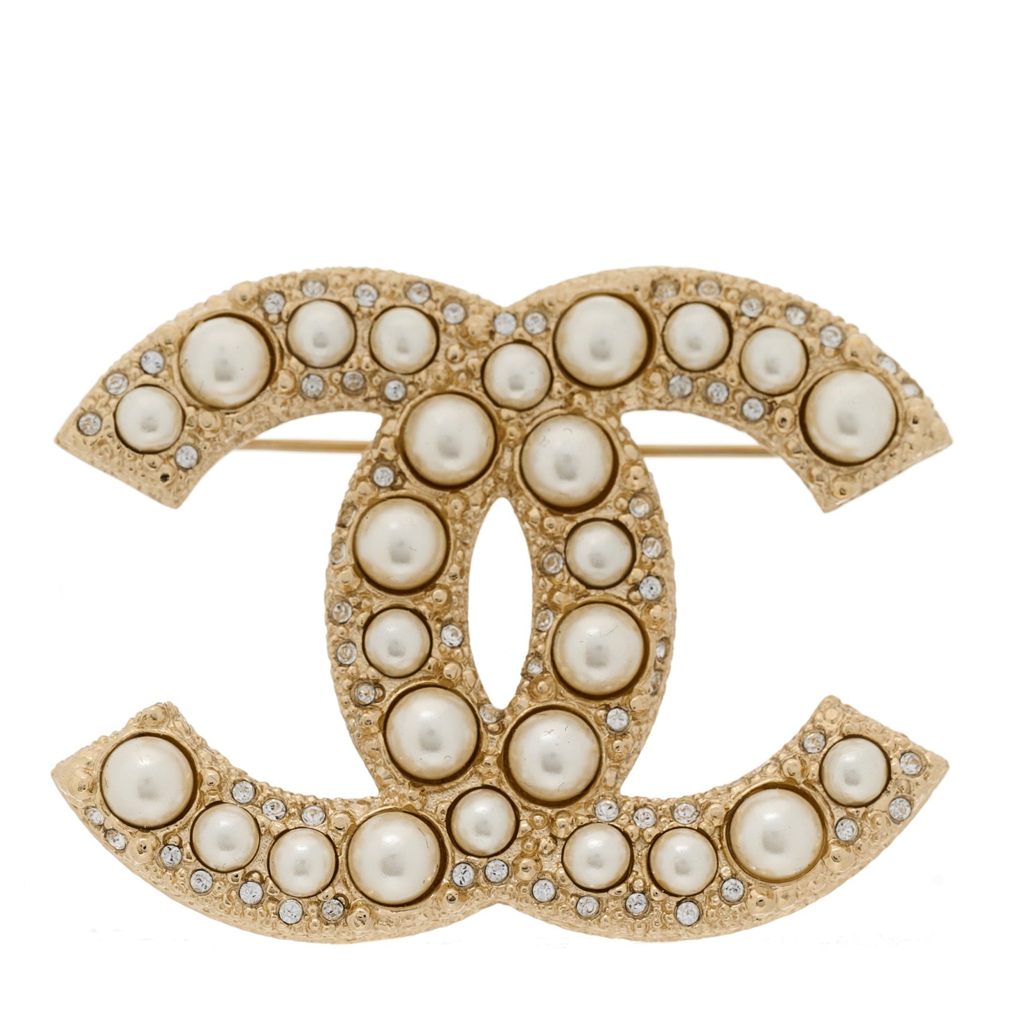 Metal Crystal Graduated Pearl CC Brooch Gold