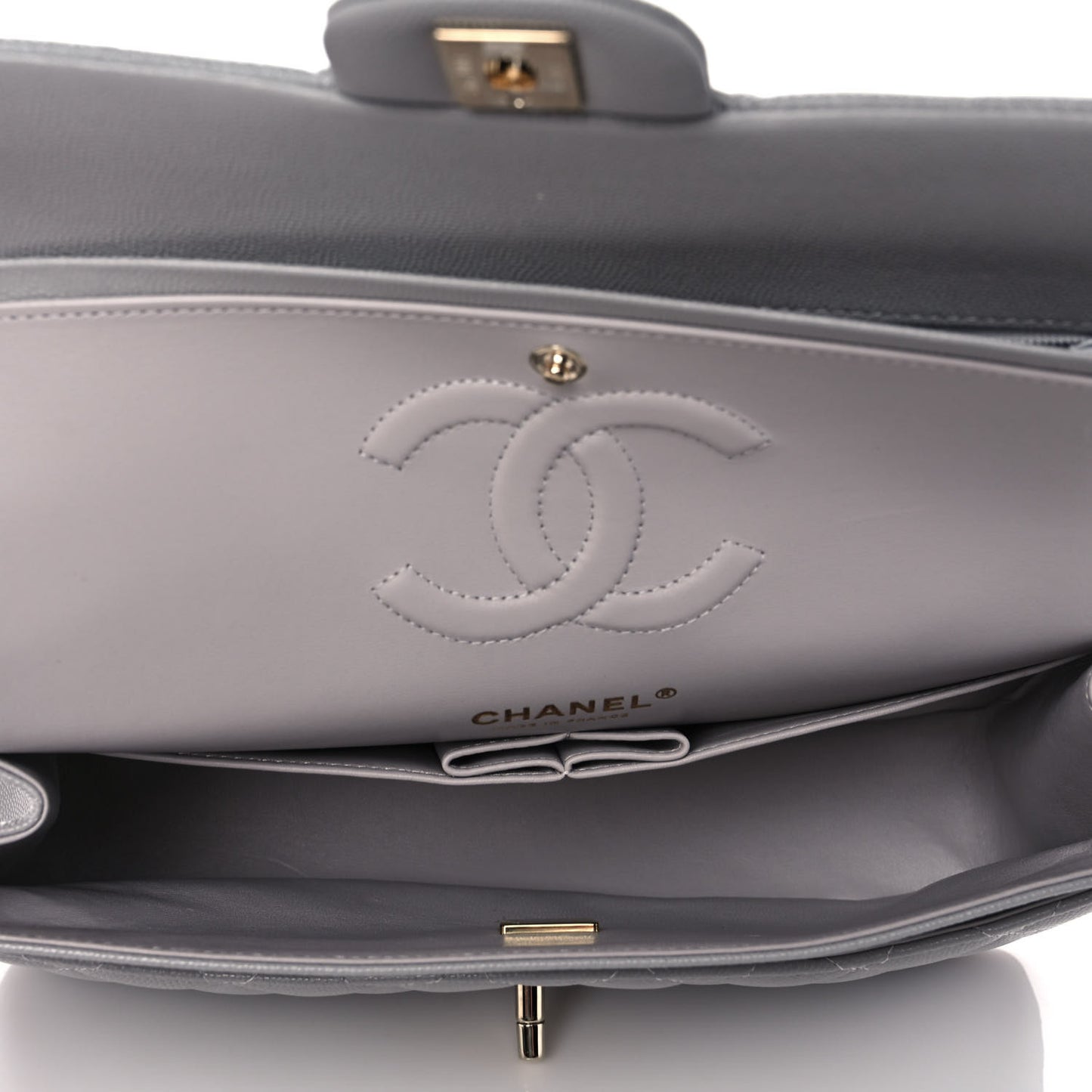 Caviar Quilted Medium Double Flap Grey