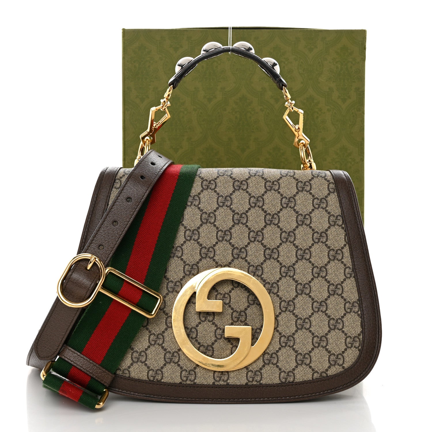 Gucci GG Supreme Monogram Textured Dollar Calfskin Web Medium Blondie Top Handle Shoulder Flap Bag Beige Ebony New Acero 15 of 15