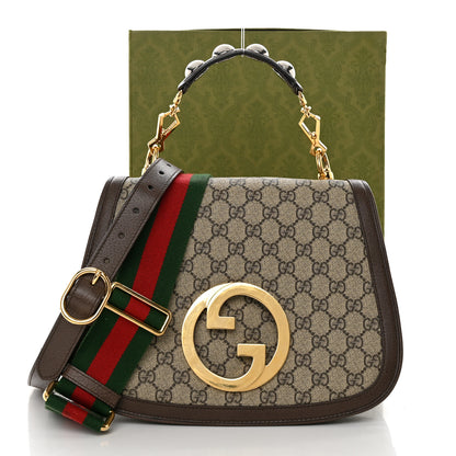 Gucci GG Supreme Monogram Textured Dollar Calfskin Web Medium Blondie Top Handle Shoulder Flap Bag Beige Ebony New Acero 15 of 15