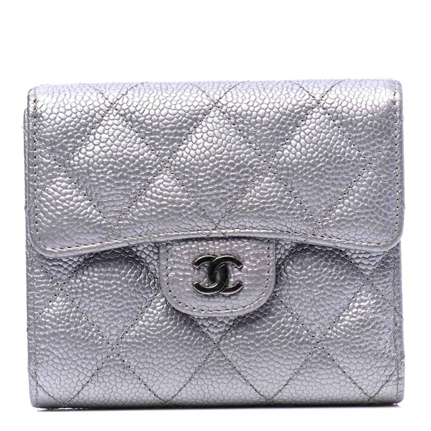 Metallic Caviar Quilted Compact Flap Wallet Silver