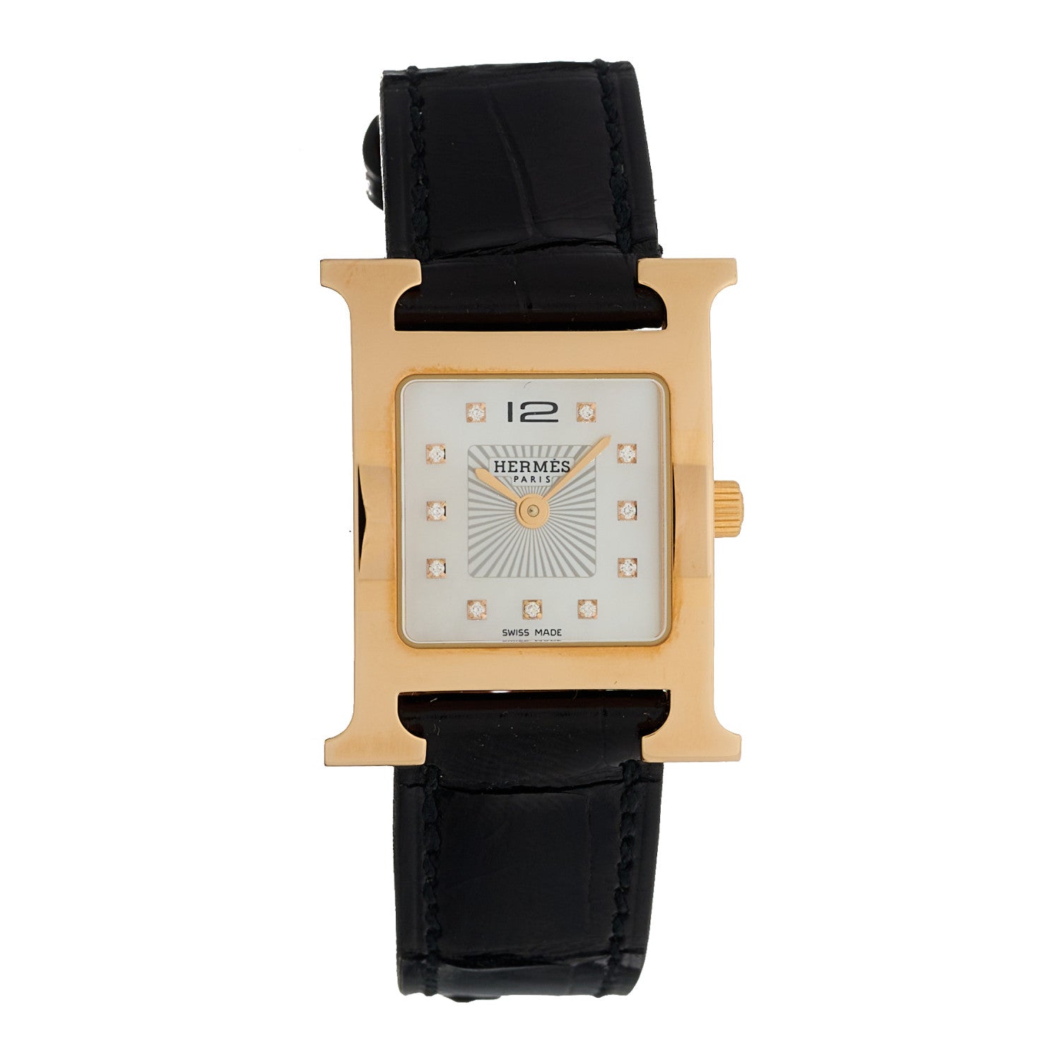 Hermes Stainless Steel Alligator Diamond Mother of Pearl 21mm Heure H Hour Quartz Watch Noir 1 of 5