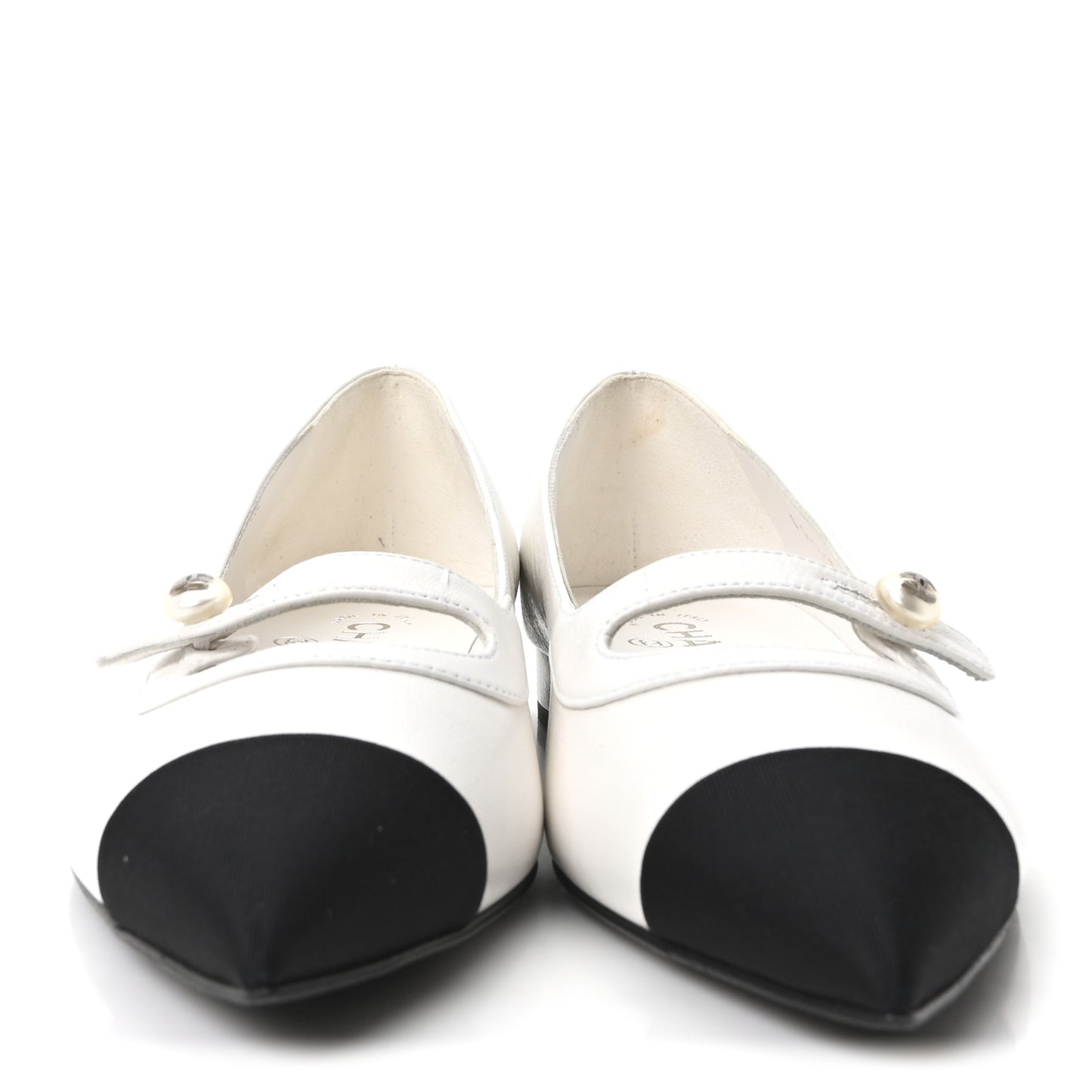 Shiny Lambskin Grosgrain Pearl Mary Janes Flats 37.5 White Black