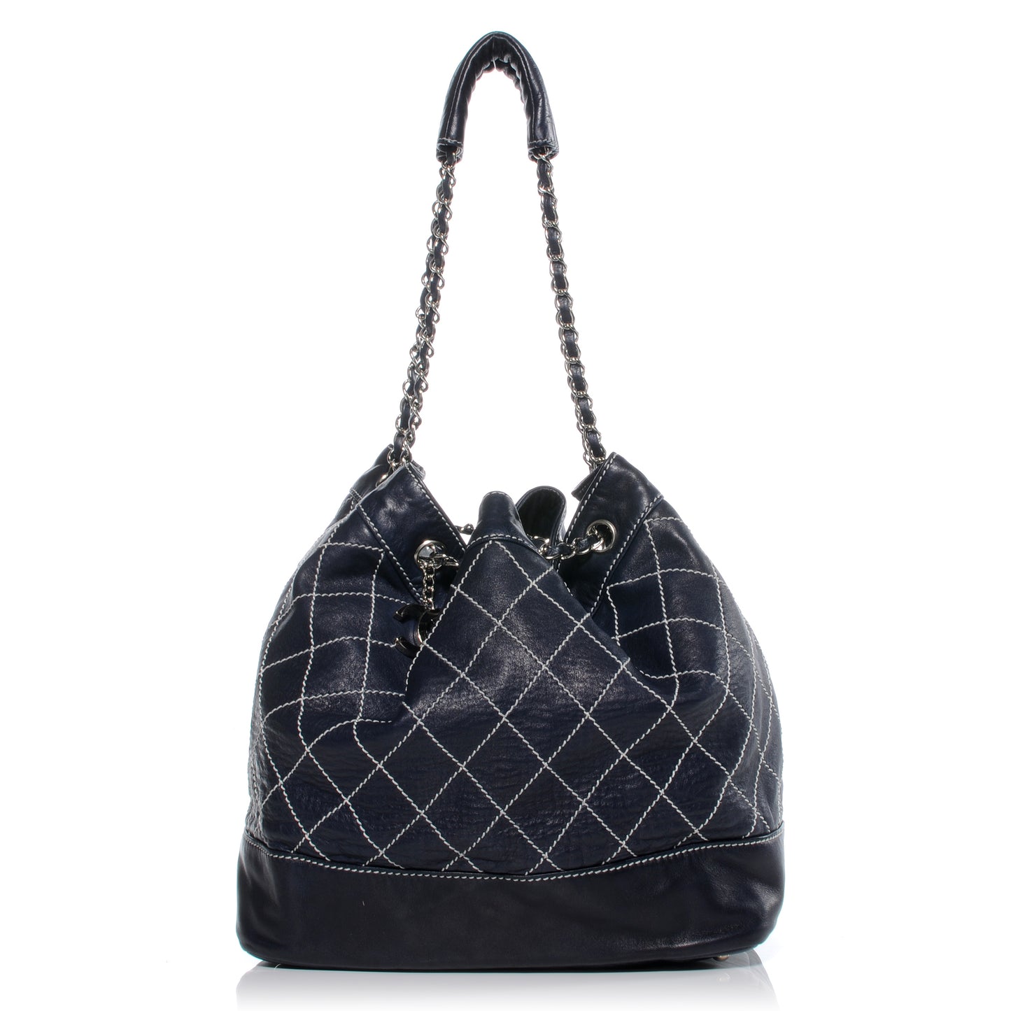 Leather Contrast Stitch Drawstring Tote Navy