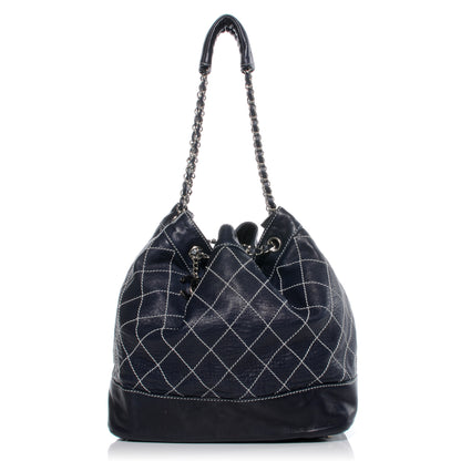 Chanel Leather Contrast Stitch Drawstring Tote Navy 1 of 9