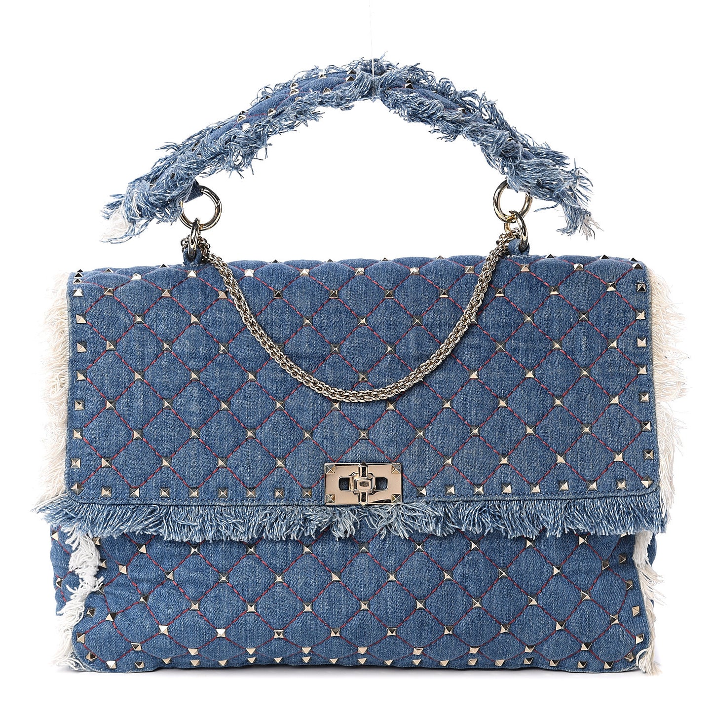 Denim Fringe Maxi Rockstud Spike Shoulder Bag Blue