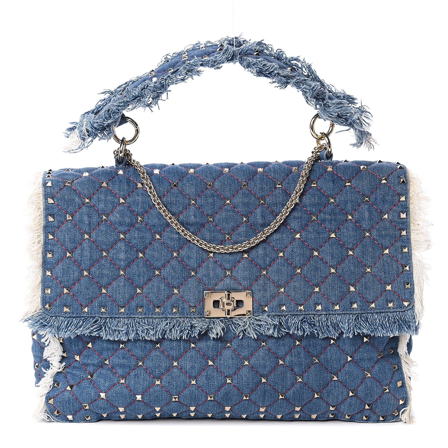 Valentino Garavani Denim Fringe Maxi Rockstud Spike Shoulder Bag Blue 1 of 8