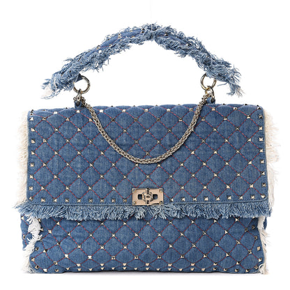 Valentino Garavani Denim Fringe Maxi Rockstud Spike Shoulder Bag Blue 1 of 8