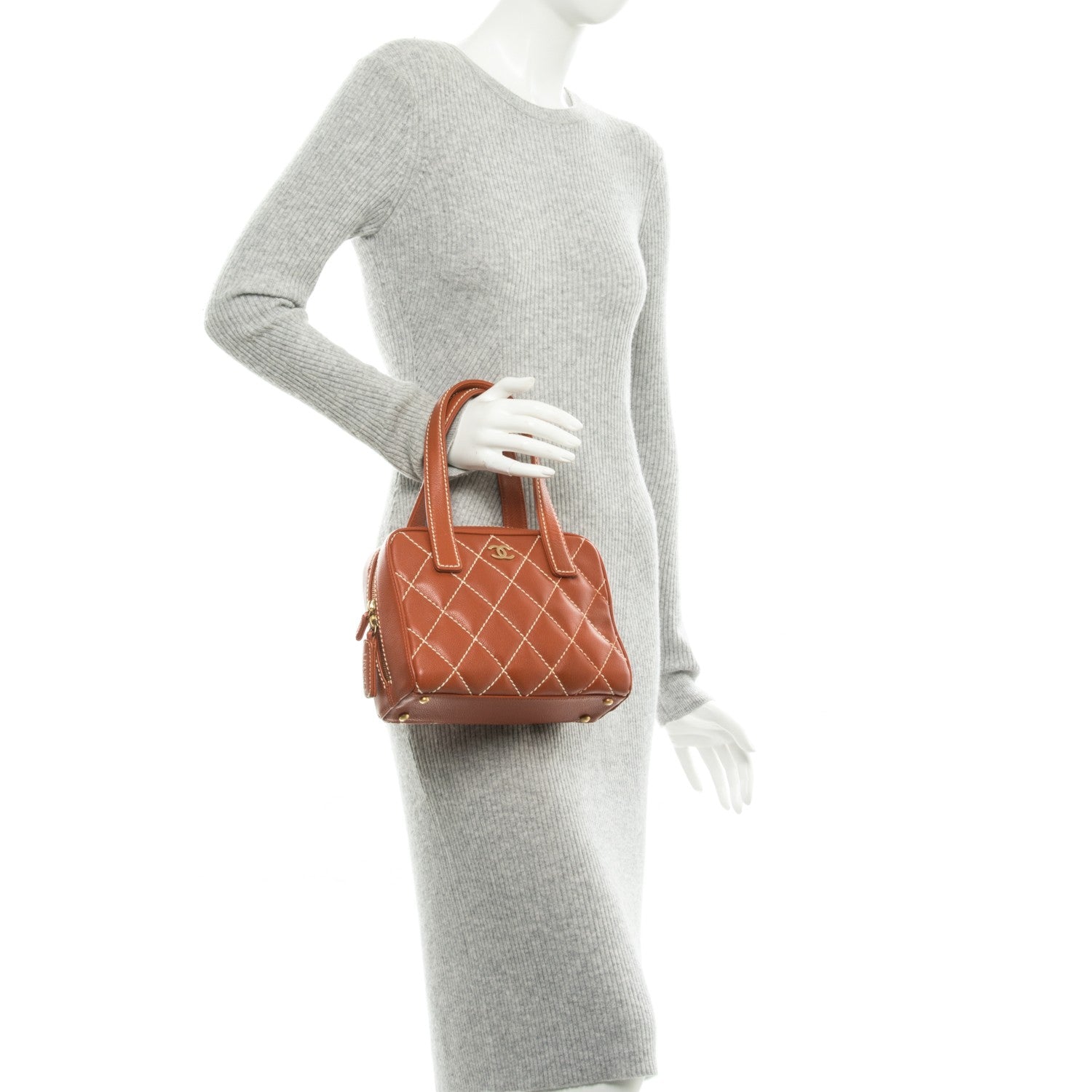 Chanel Calfskin Contrast Stitch Surpique Bowler Brown 2 of 7