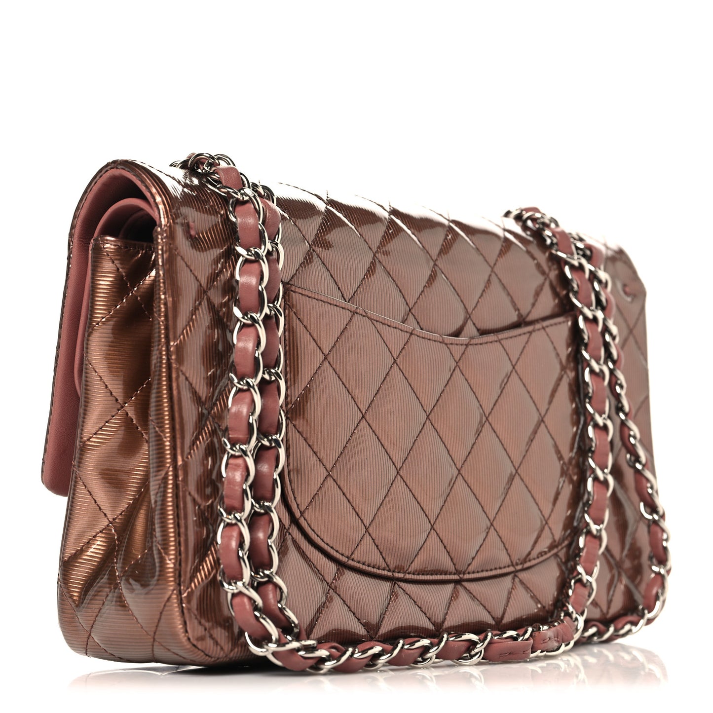 Striated Patent Quilted Medium Double Flap Bronze