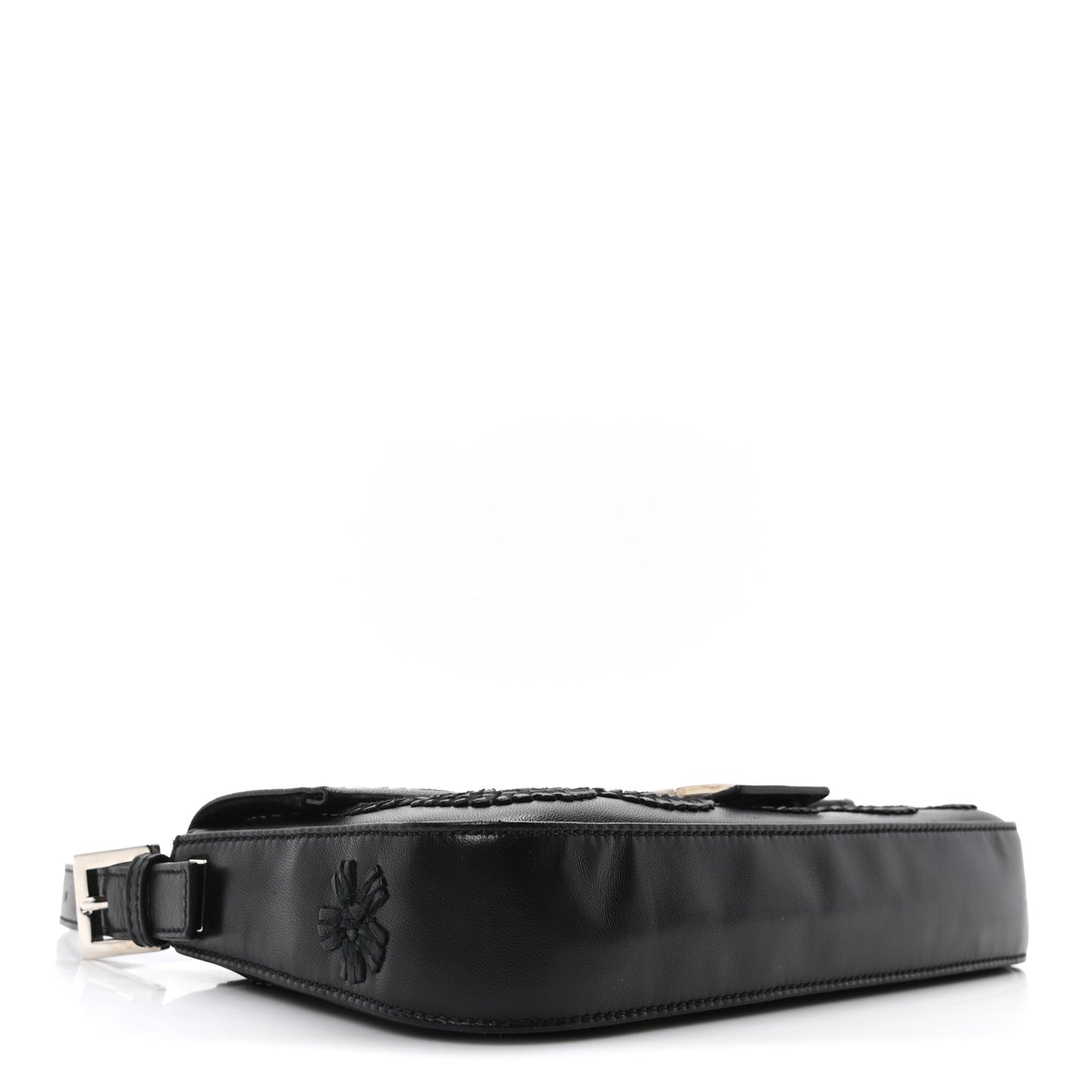 Nappa Floral Embroidered Baguette Black