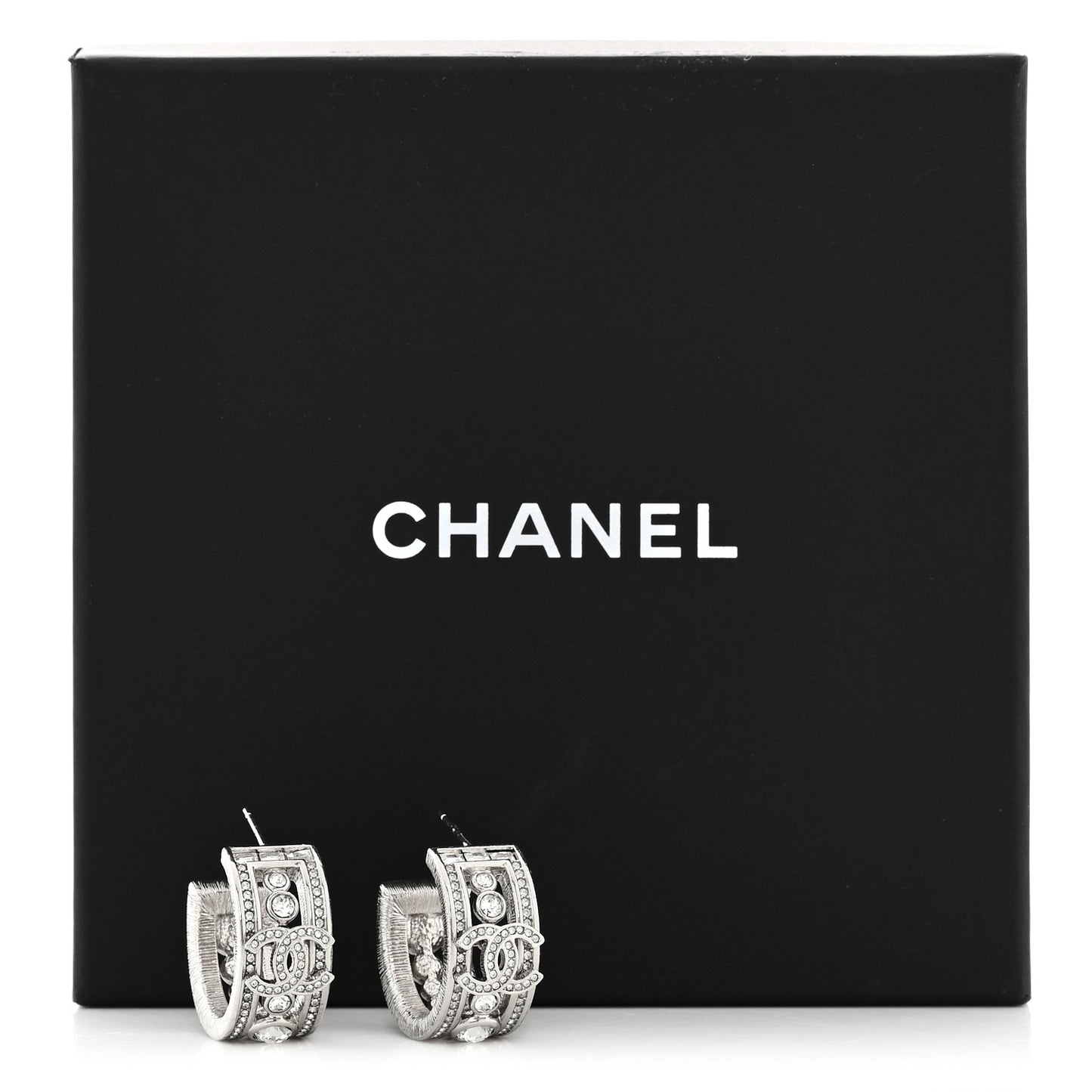 Metal Crystal CC Hoop Earrings Silver