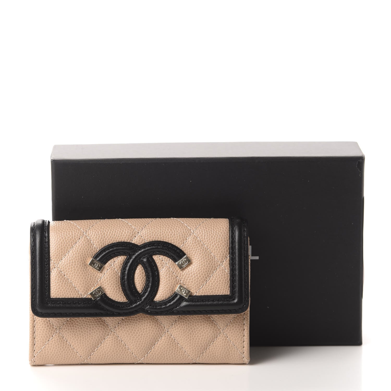 Chanel Caviar Quilted Filigree Flap Card Holder Wallet Beige Black 9 of 9