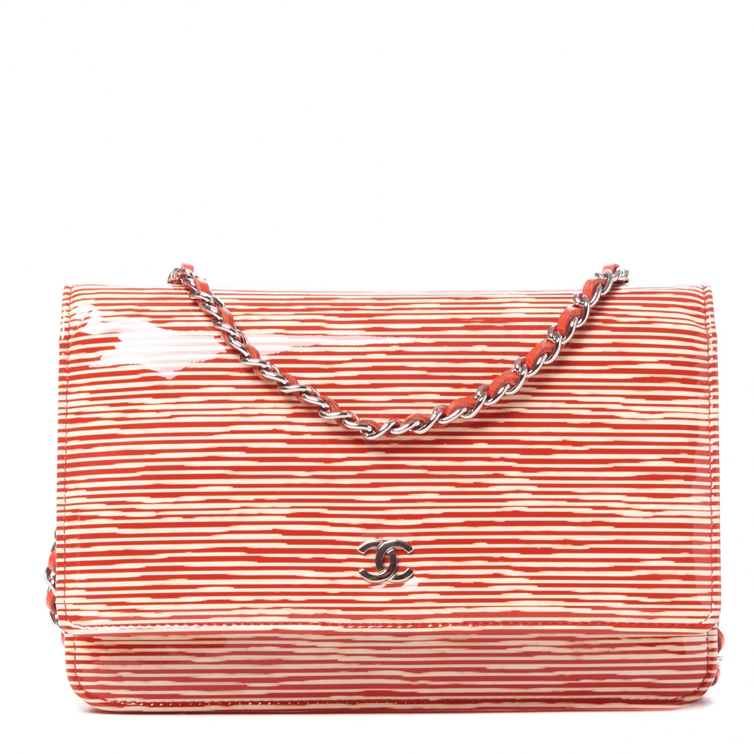 Chanel Patent Striped Wallet On Chain WOC Red 1 of 9
