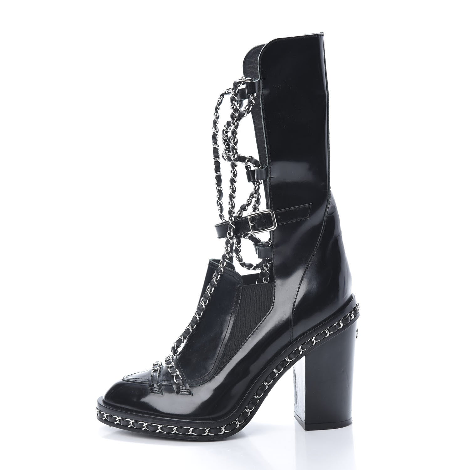 Chanel Patent Chained Tall Combat Boots 38.5 Black 5 of 13