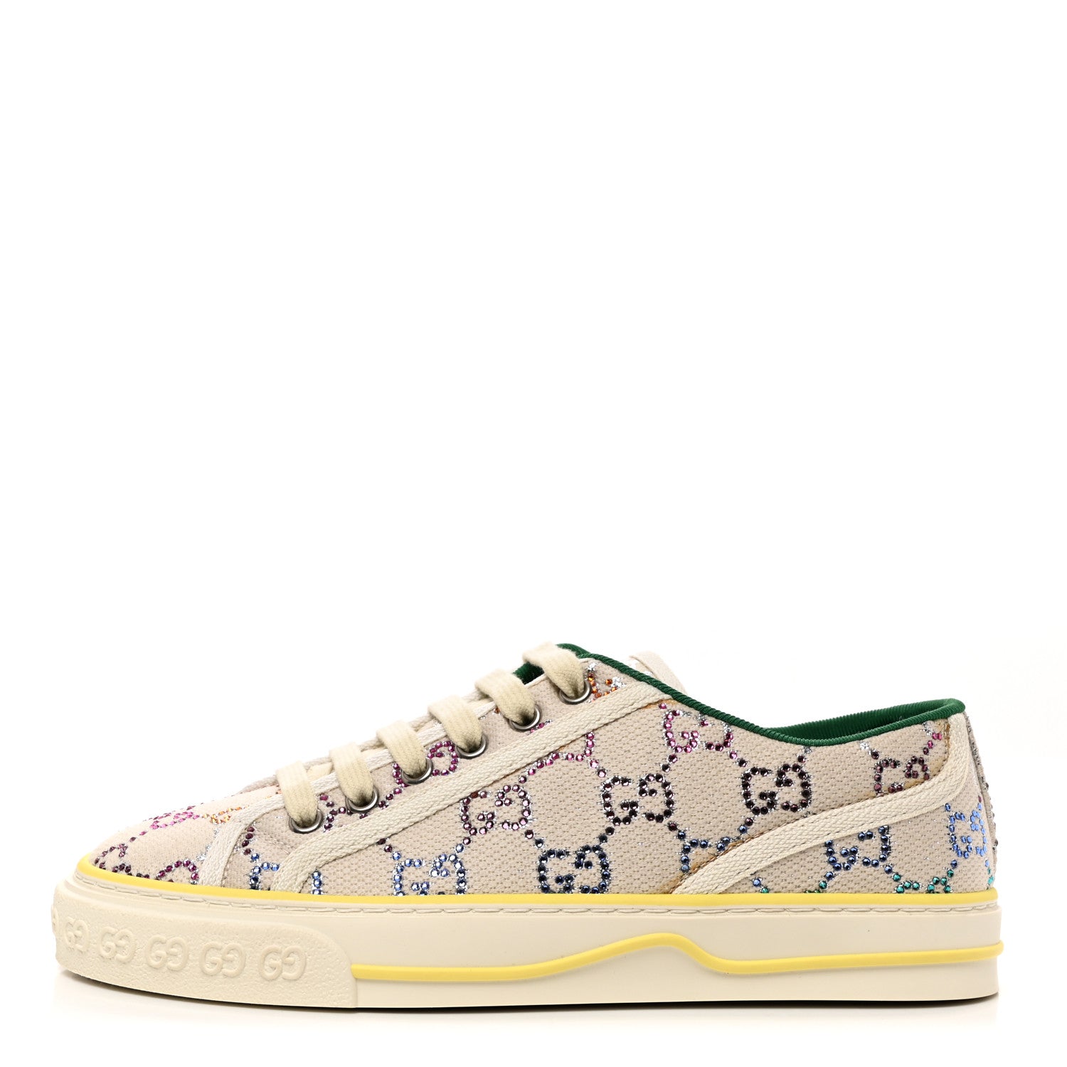 Gucci Canvas Lame Crystal GG Monogram Womens 1977 Tennis Sneakers 37 Gardenia Silver Mystic White 1 of 8