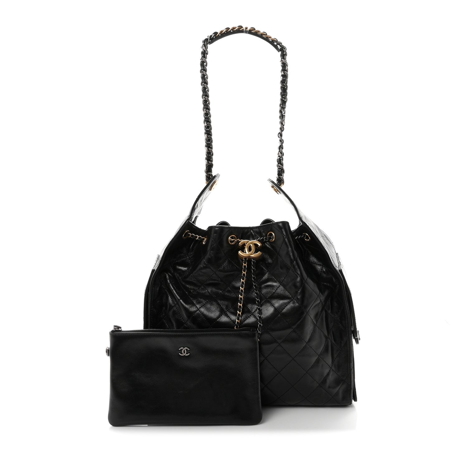 Shiny Crumpled Calfskin Quilted Medium Chanel 25 Handbag Black