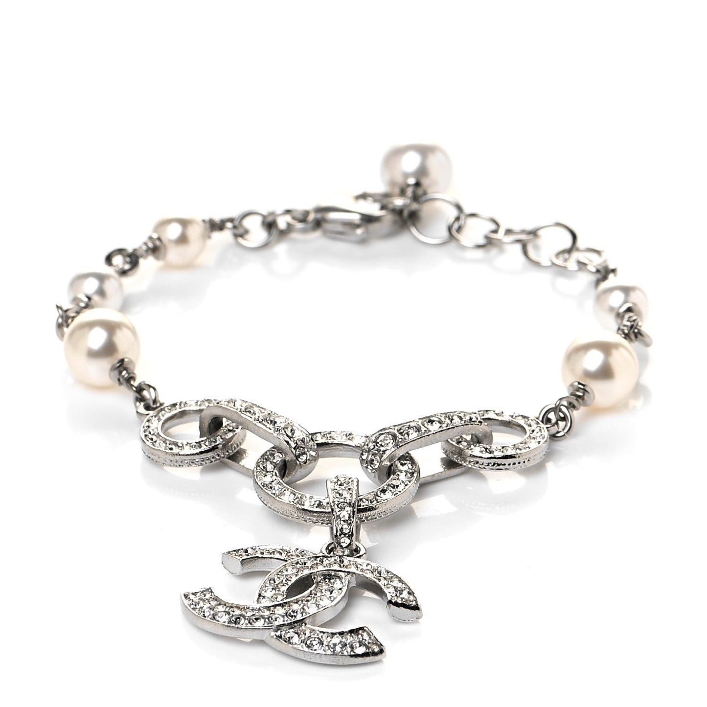 Crystal Pearl CC Bracelet Silver