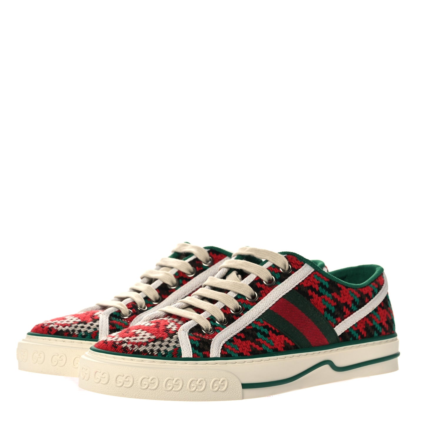 Cotton Wool Web Houndstooth Interlocking G Womens 1977 Tennis Sneakers 36 Red Green