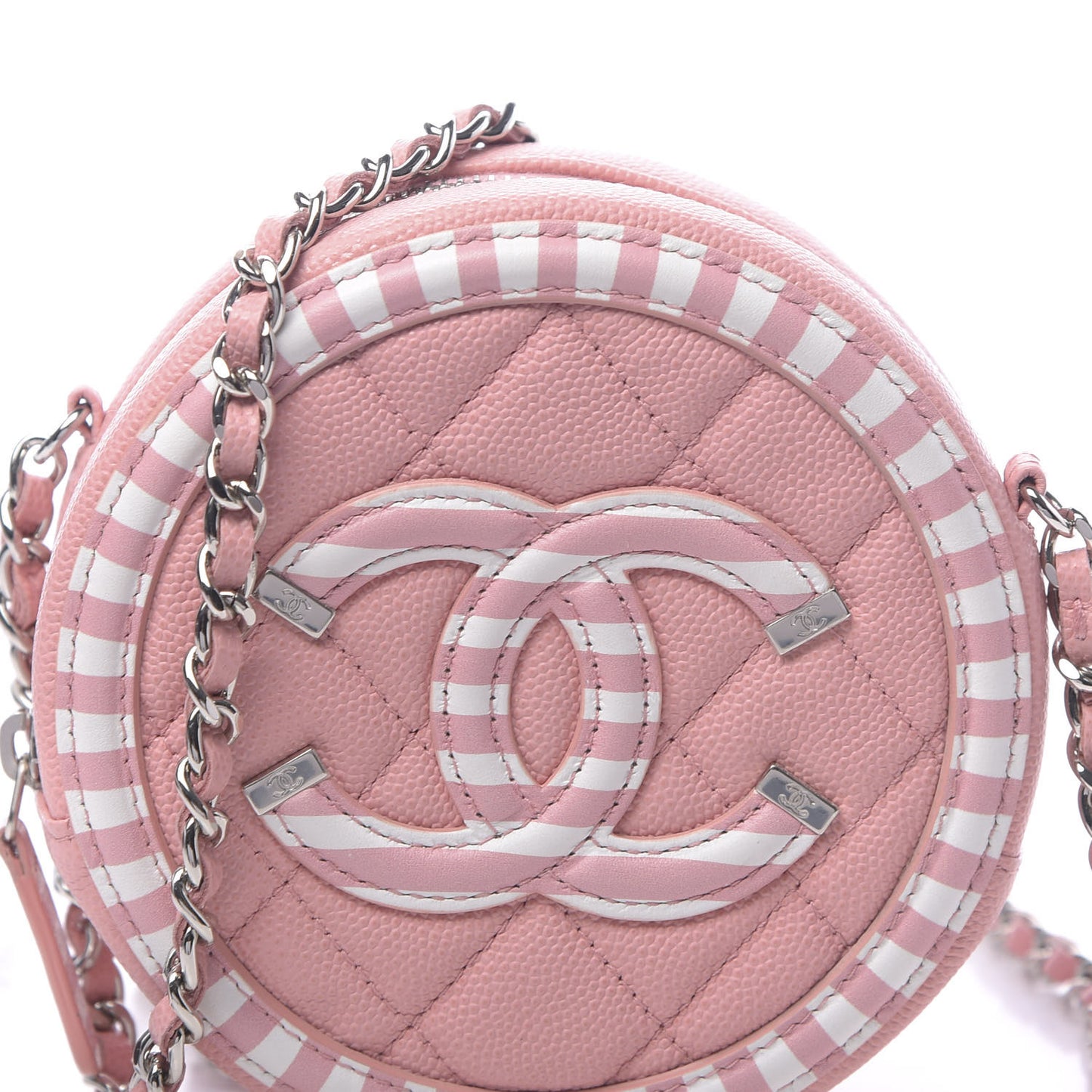 Caviar Quilted Filigree Round Clutch With Chain Pink White