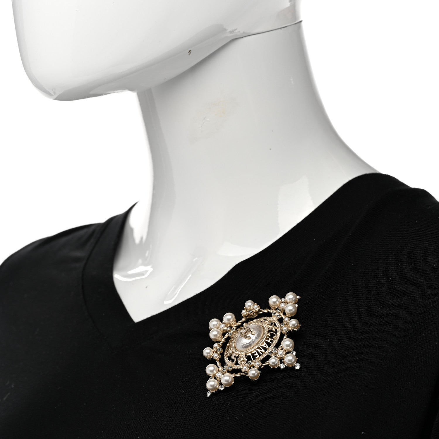 Chanel Pearl Crystal CC Brooch Gold 2 of 5