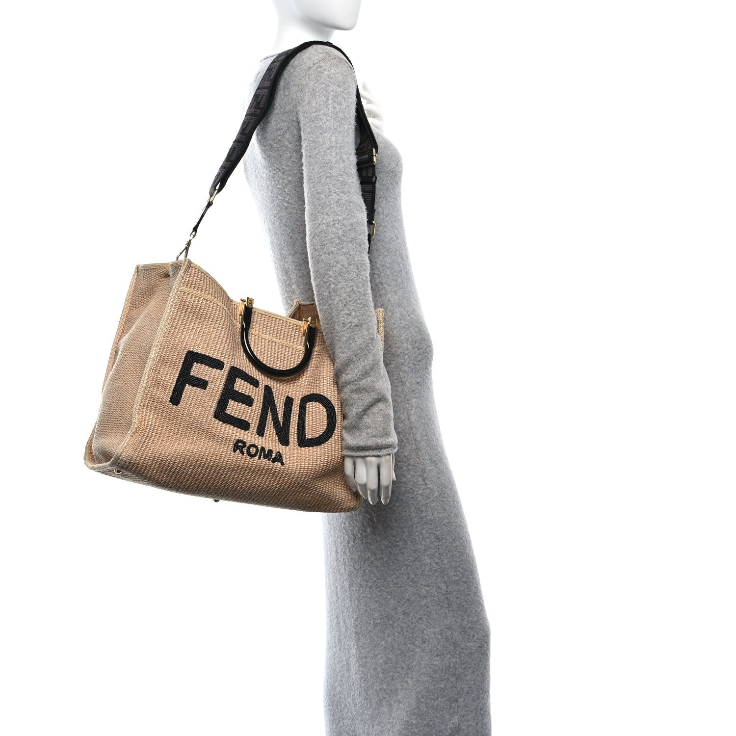 Fendi Straw Vitello King Plexiglass Woven Large Fendi Sunshine Shopper Tote Natural Black 3 of 10
