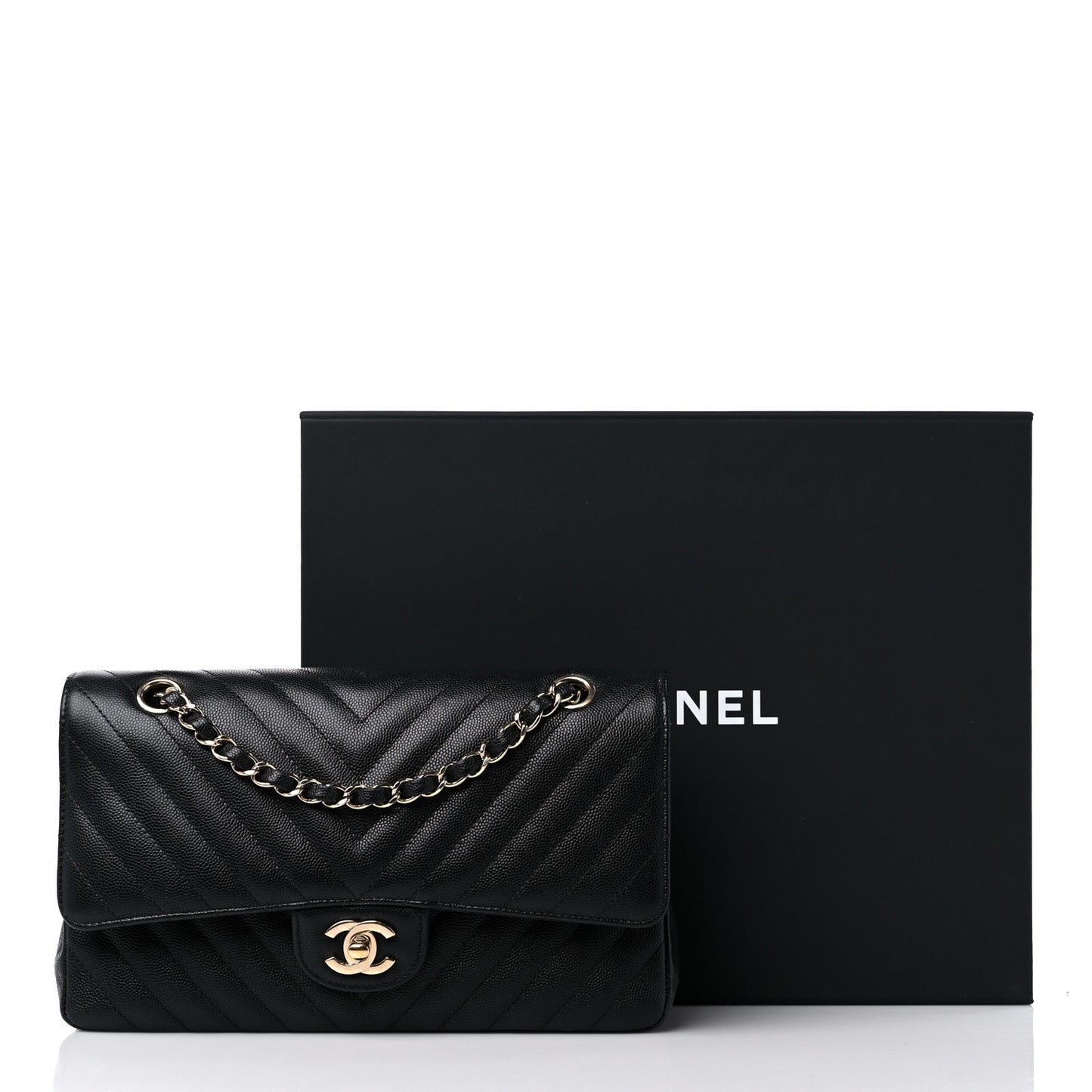 Caviar Chevron Quilted Medium Double Flap Black