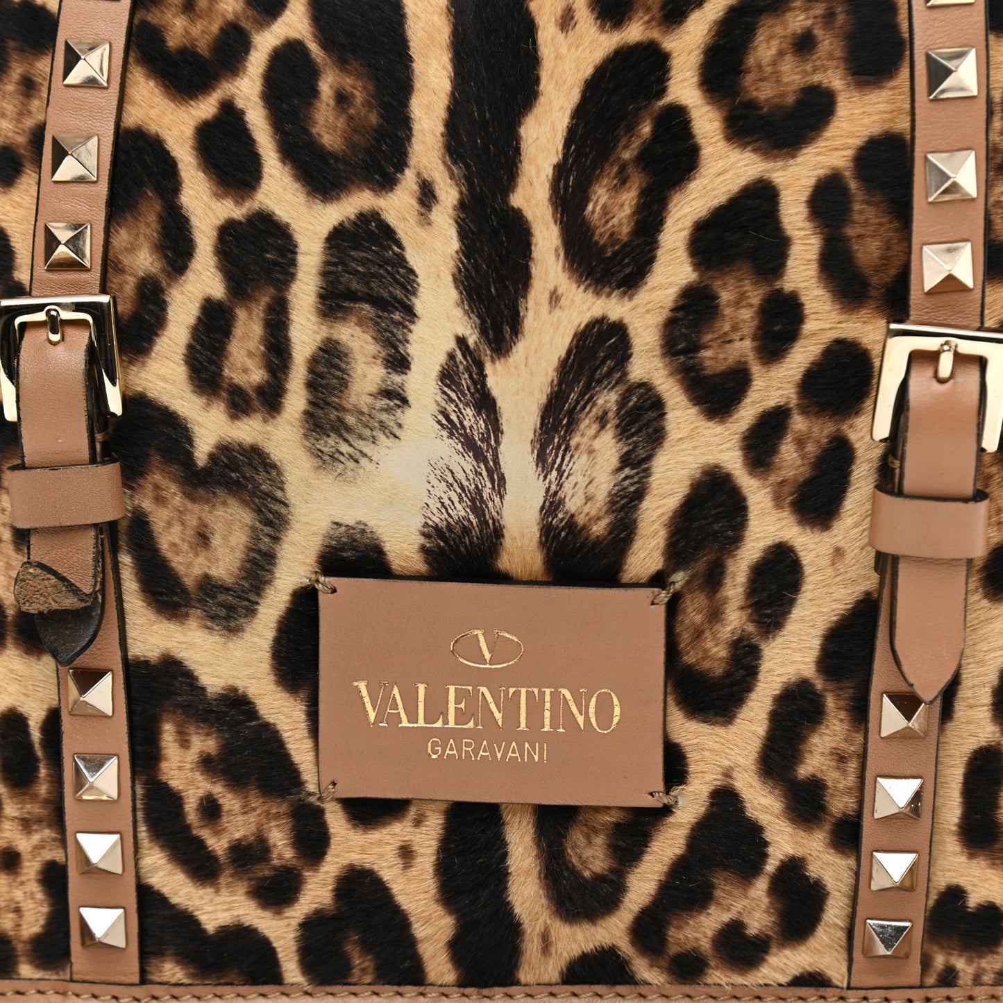 Calf Hair Leopard Print Rockstud Shopper Tote Tan