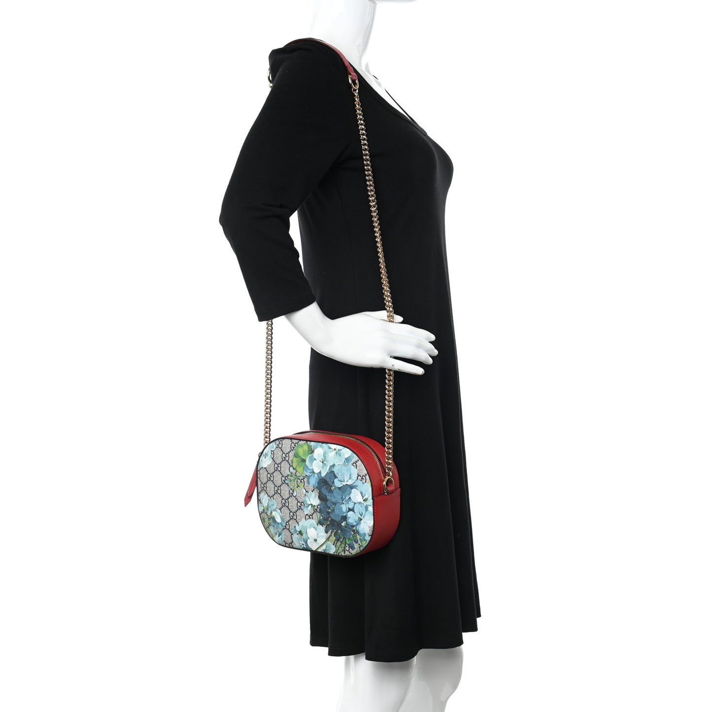 GG Supreme Monogram Blooms Mini Chain Shoulder Bag Beige Blue Navy Hibiscus Red