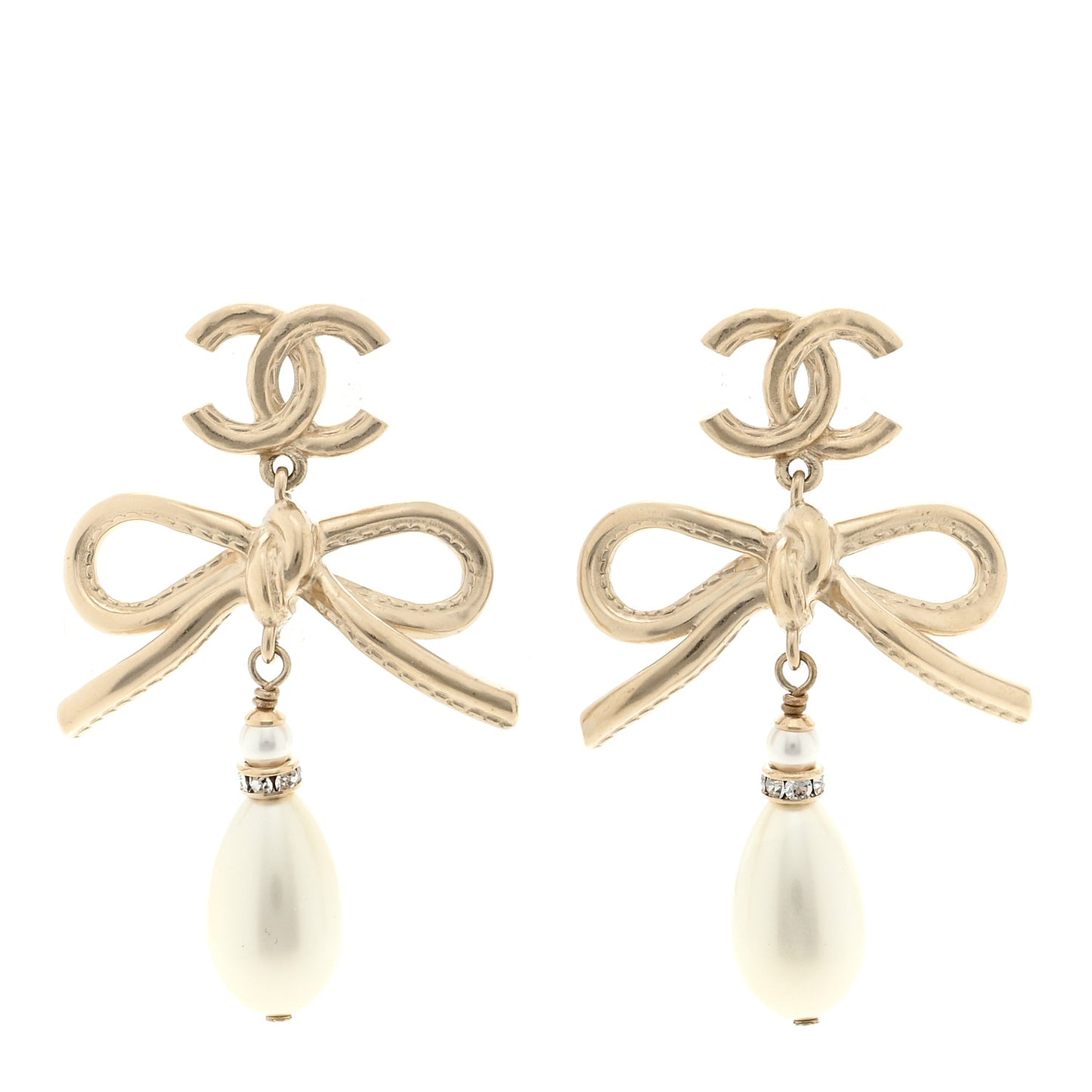 Pearl Crystal CC Bow Drop Earrings Gold Pearly White