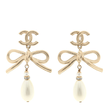 Chanel Pearl Crystal CC Bow Drop Earrings Gold Pearly White 1 of 4