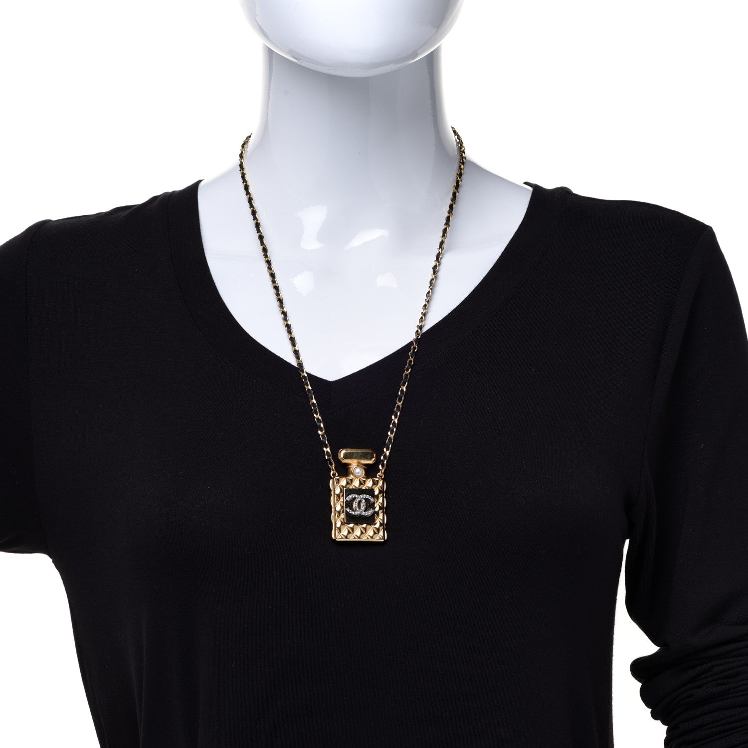 Chanel Crystal Pearl Perfume Bottle CC Necklace Black Gold 2 of 6