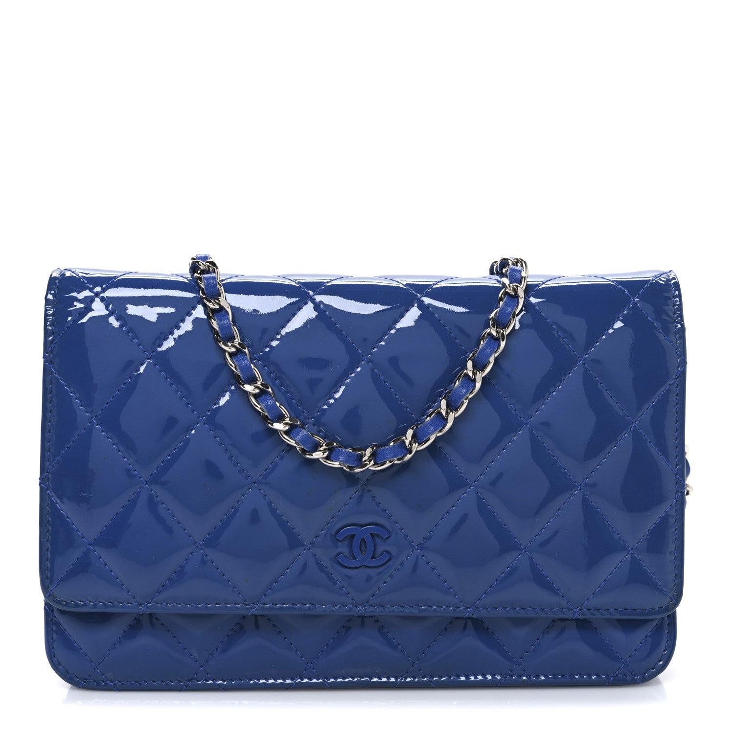 Chanel Patent Calfskin Quilted Wallet On Chain WOC Dark Blue 1 of 11