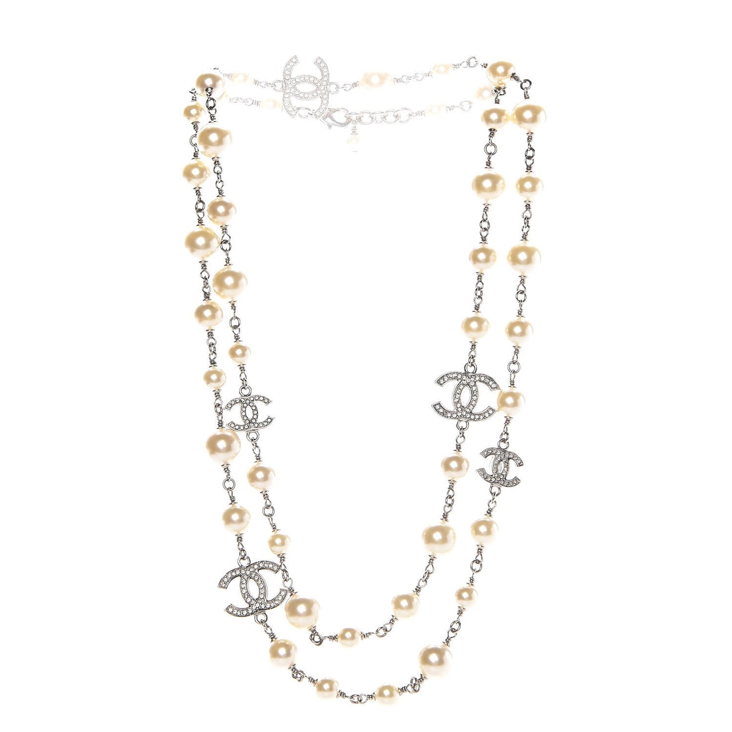 Graduated Pearl Crystal CC Long Necklace Silver
