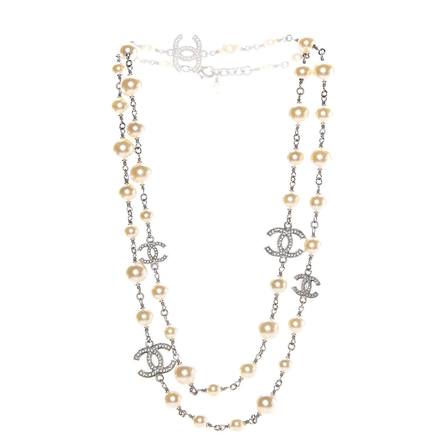 Chanel Graduated Pearl Crystal CC Long Necklace Silver 3 of 6