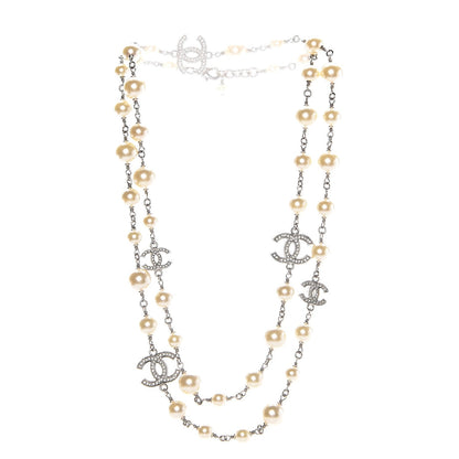 Chanel Graduated Pearl Crystal CC Long Necklace Silver 3 of 6