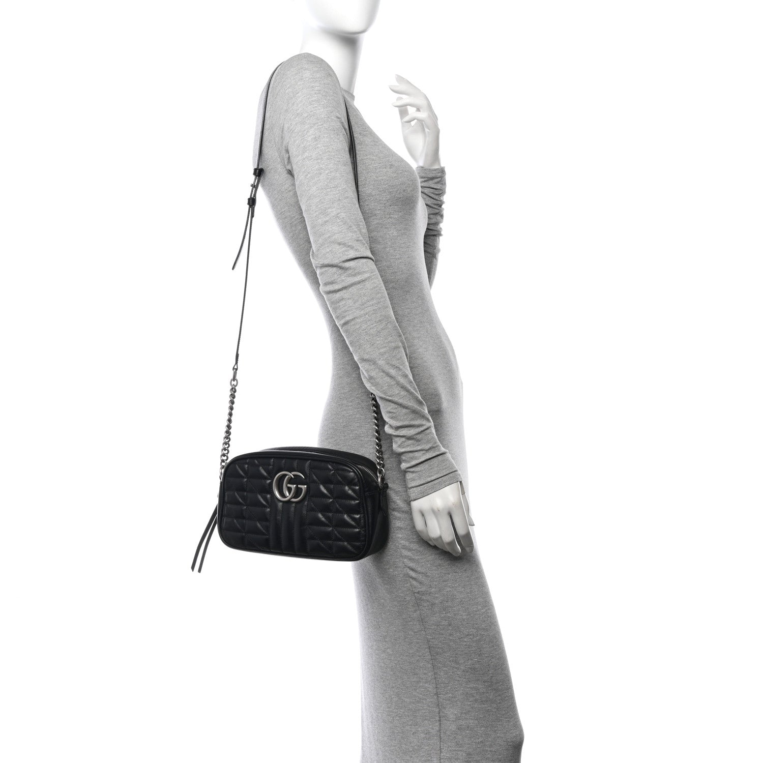 Gucci Calfskin Matelasse Aria Small GG Marmont Chain Shoulder Bag Black 2 of 12