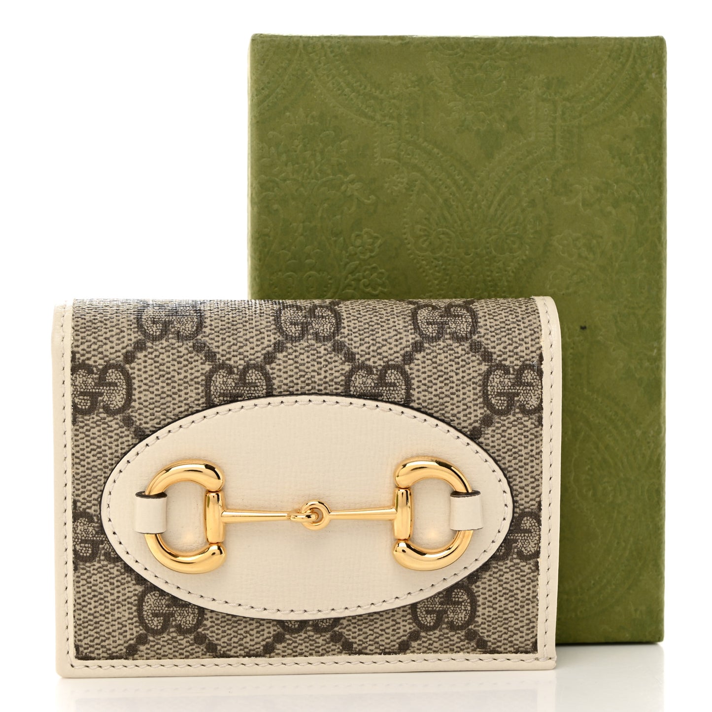 GG Supreme Monogram Azalea Calfskin Horsebit 1955 Card Case Wallet Beige Ebony Mystic White