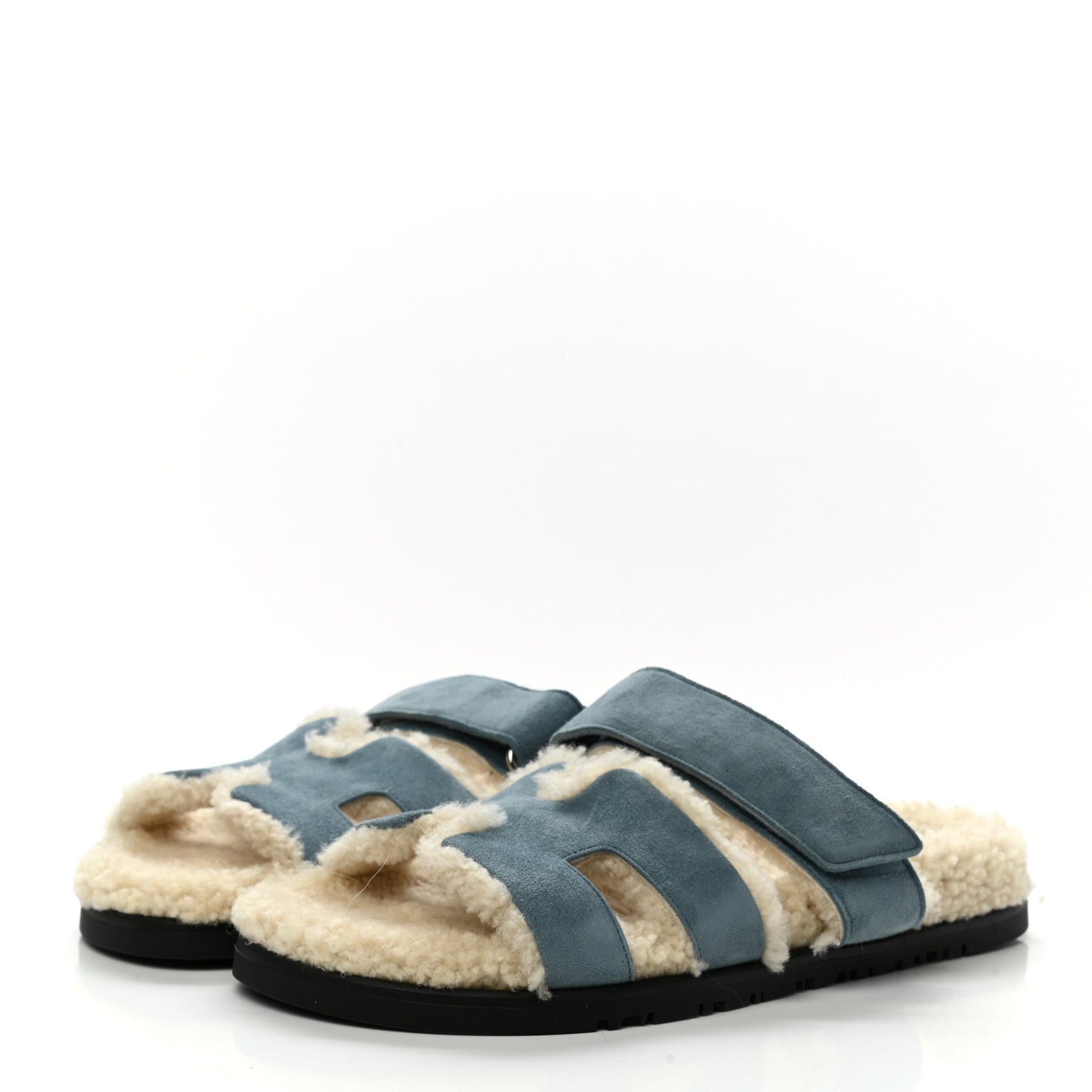 Suede Goatskin Woolskin Womens Chypre Sandals 37 Bleu Pinede Ecru