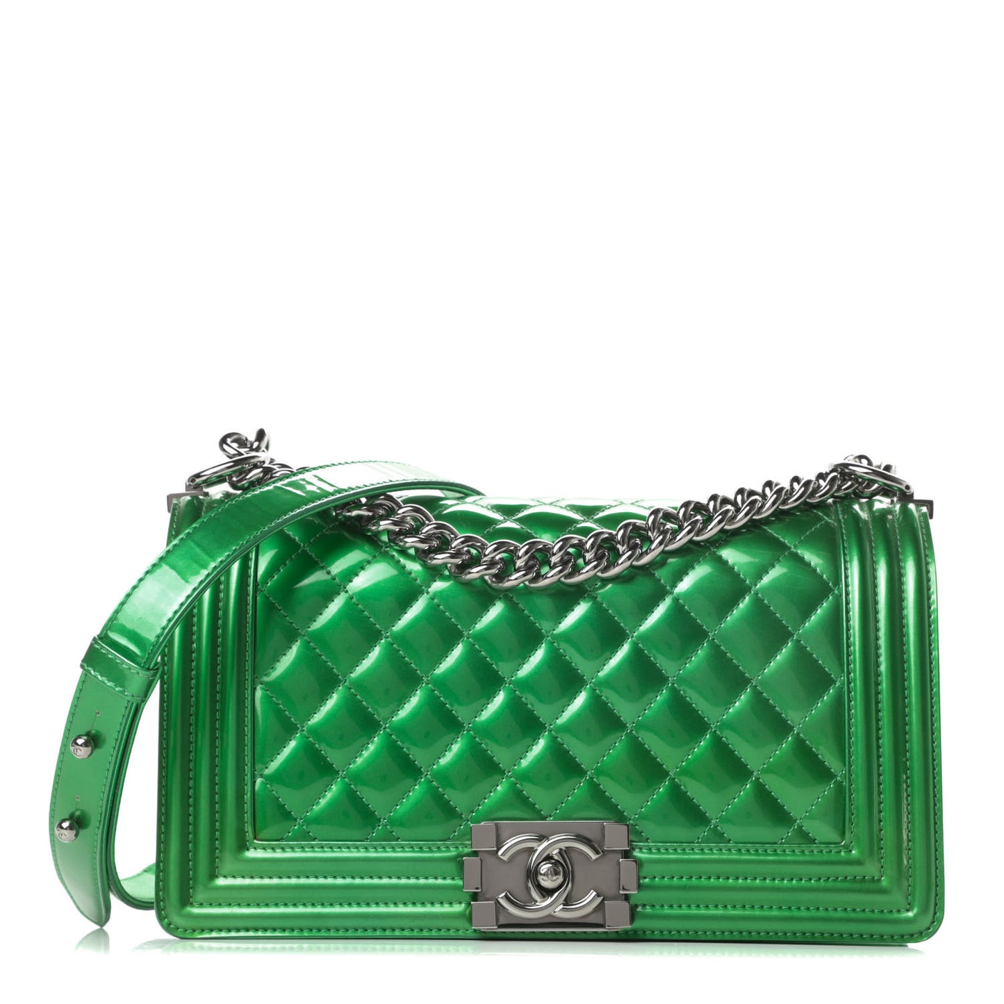 Metallic Patent Calfskin Quilted Medium Boy Flap Green