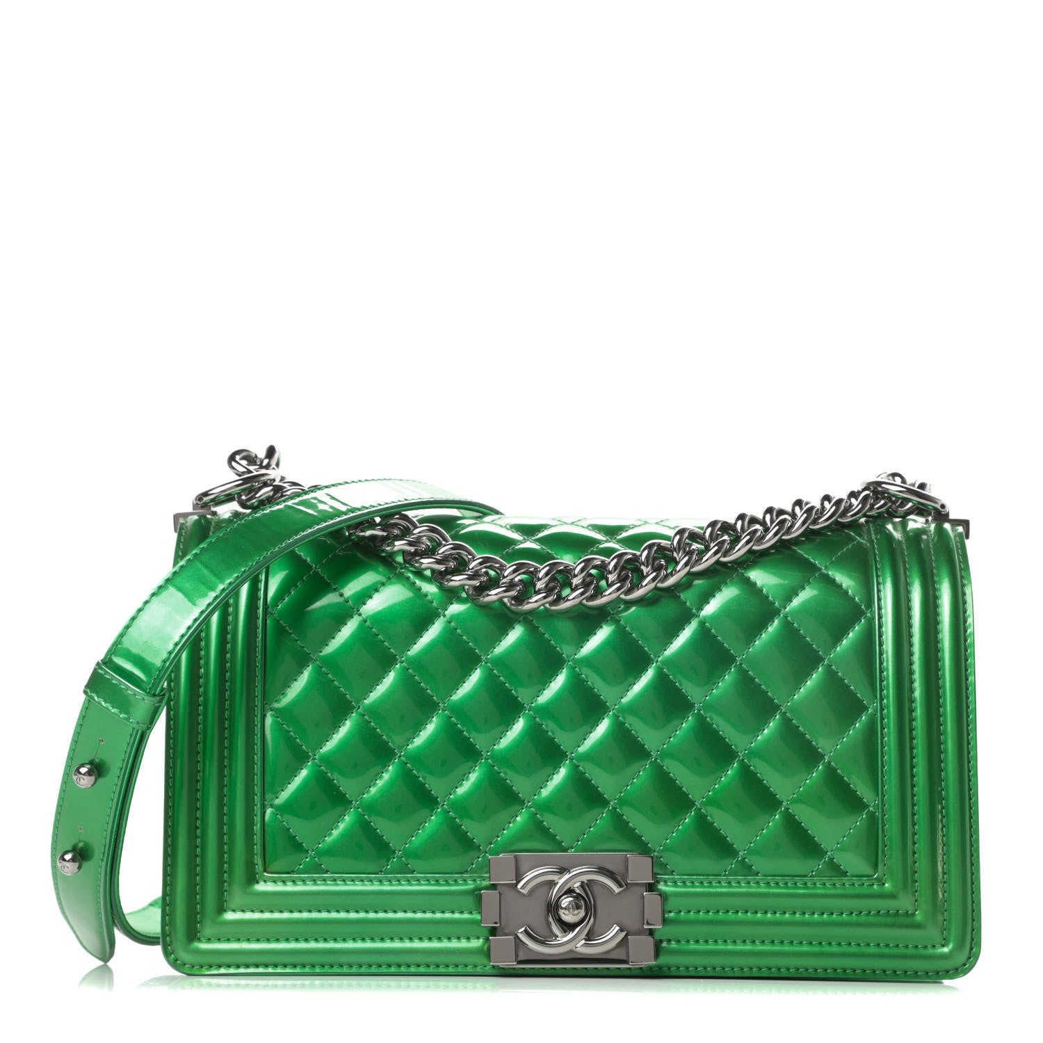 Chanel Metallic Patent Calfskin Quilted Medium Boy Flap Green 1 of 16