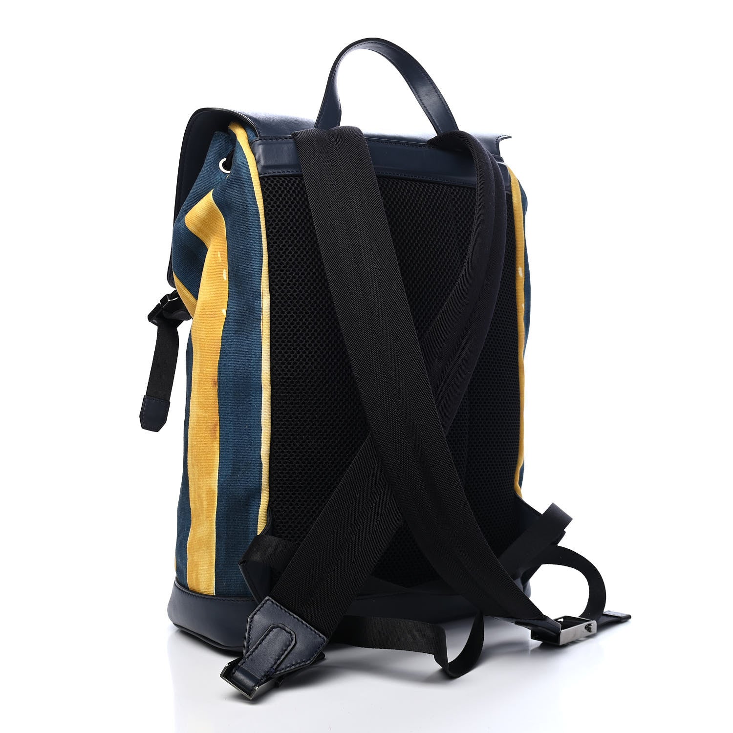 Fendi Canvas Calfskin Striped Drawstring Backpack Midnight Blue Yellow 2 of 9