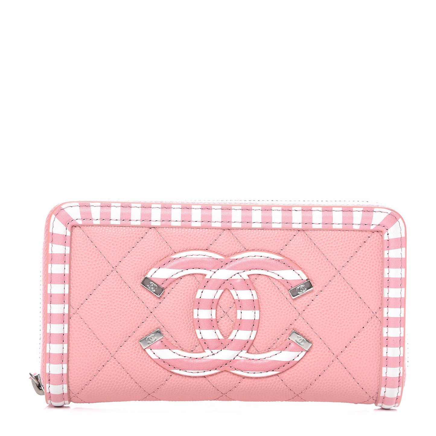 Caviar Quilted Medium Stripe Filigree Zip Around Wallet Pink White
