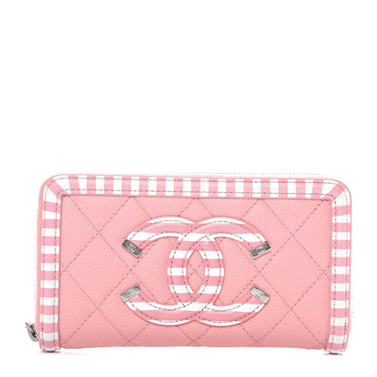 Chanel Caviar Quilted Medium Stripe Filigree Zip Around Wallet Pink White 1 of 9