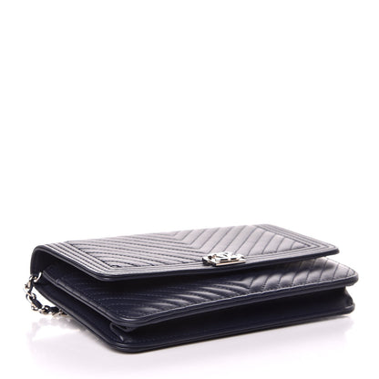 Chanel Calfskin Chevron Quilted Boy Wallet On Chain WOC Navy Blue 4 of 9