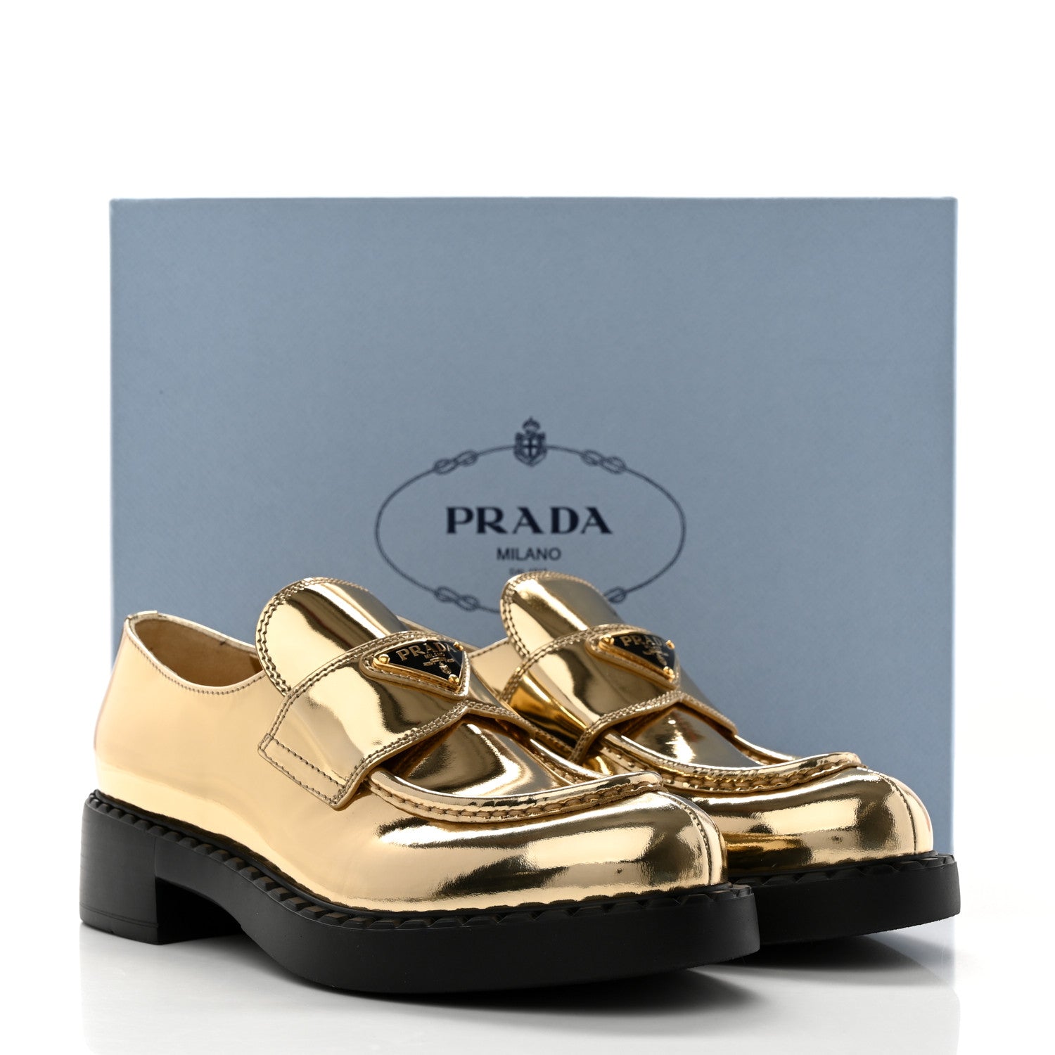 Prada Metallic Brushed Calfskin Metal Triangle Logo 50mm Loafers 38 Platino 9 of 9