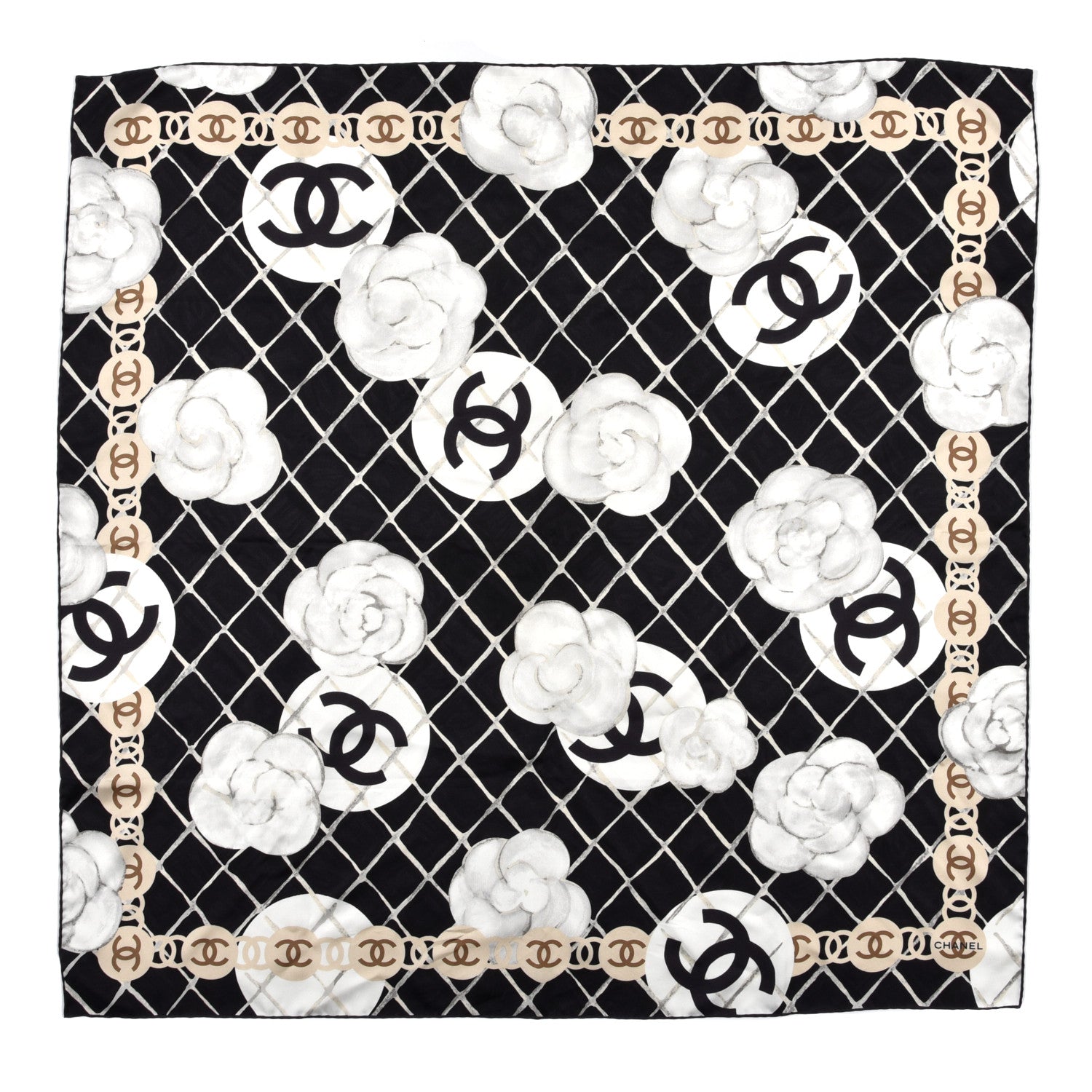 Chanel Silk Camellia CC Square Scarf Black 1 of 3