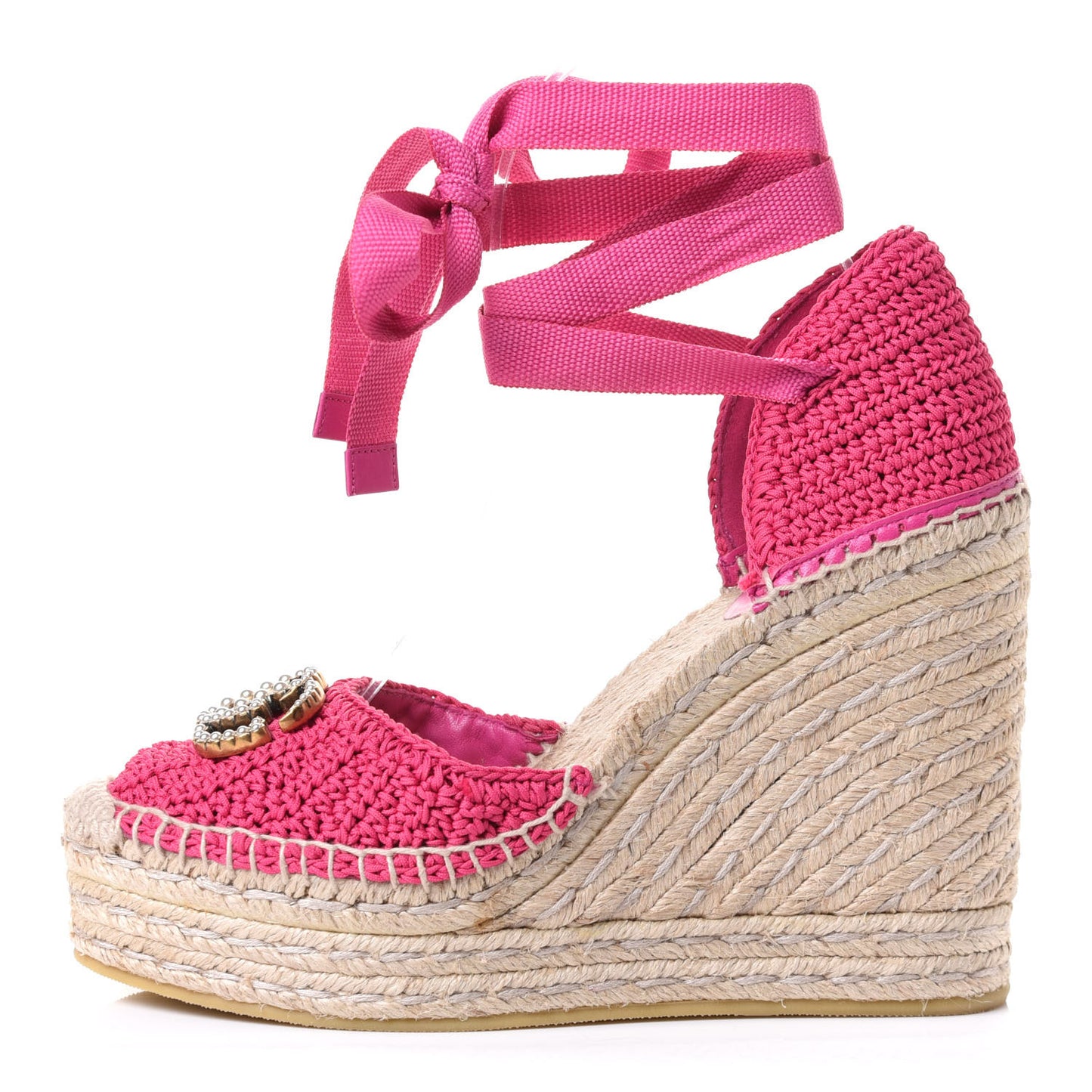 Cotton Crochet Pearly GG Ankle Wrap Platform Espadrille Wedges 36 Cyclamen Rose