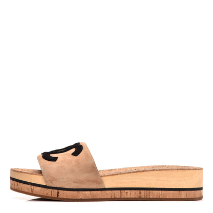 Chanel Suede Cork CC Mule Sandal 39 Beige Black 1 of 8